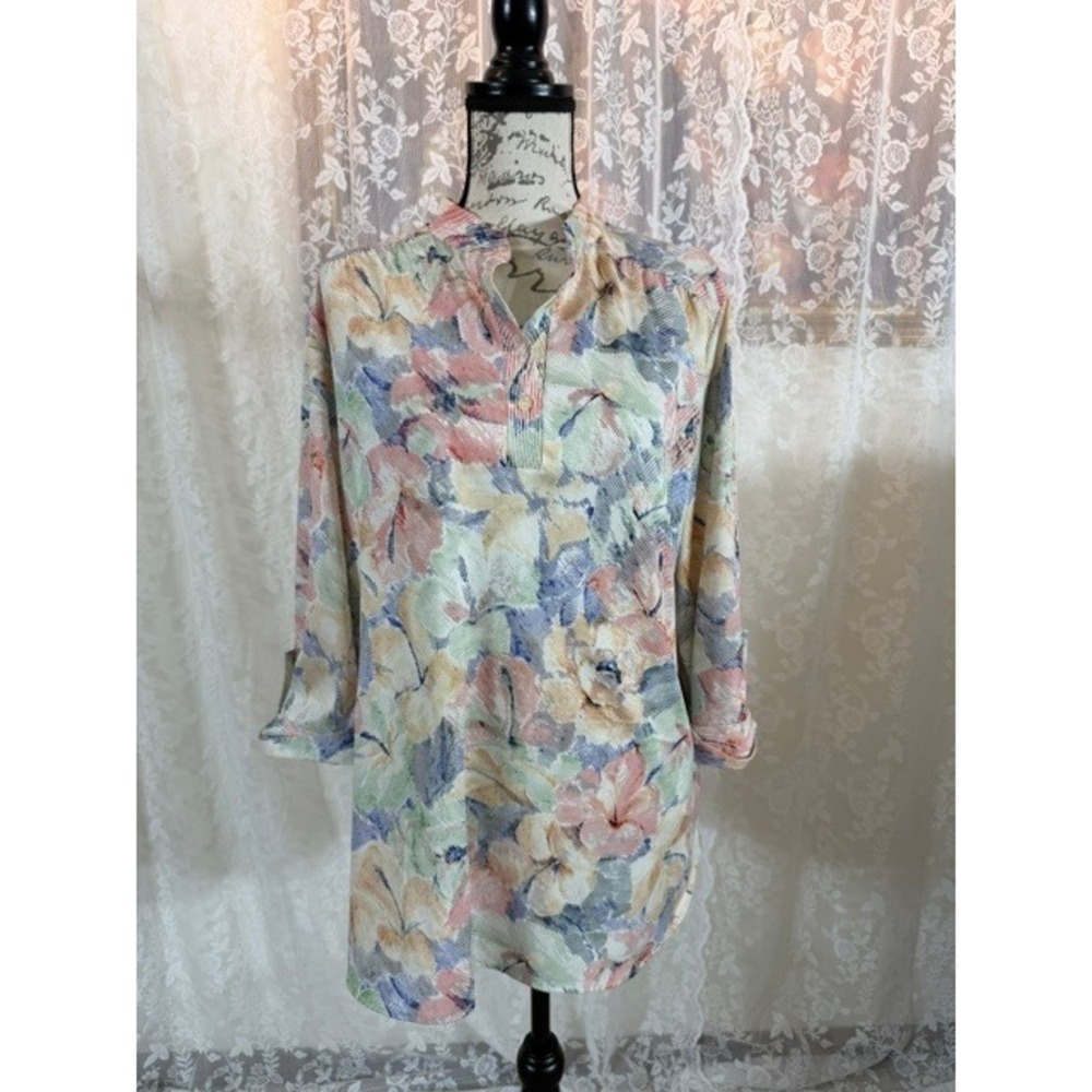 Vintage Floral Roll Tab Sleeve Tunic Blouse Pastel Impressionist Print Top